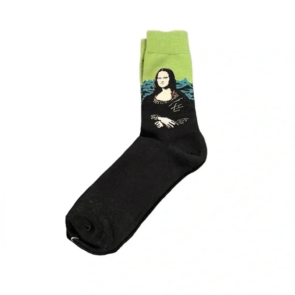 ❤️ 2/$11 NEW Mona Lisa Da Vinci's Printed Green Black Crew Length Socks Unisex - Picture 2 of 3